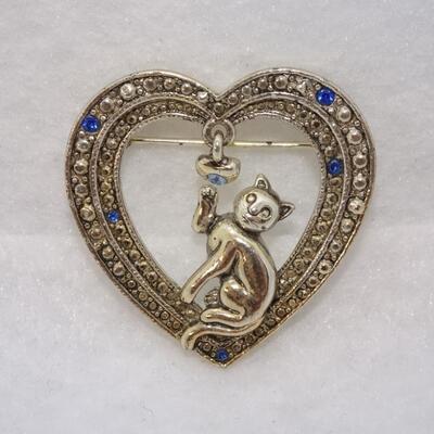 Silver Tone Blue Rhinestone Kitten Heart Pin 