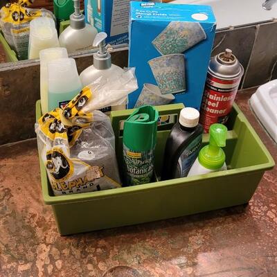 Lot 240: Assortment of Home Cleaning / Bath Supplies w/ Caddy (all above 1/2 full but Hand Soap)