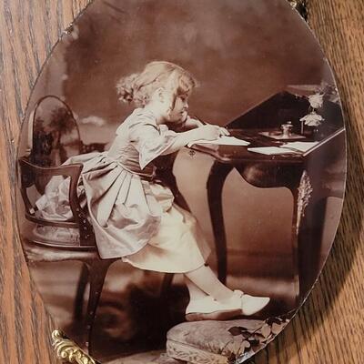 Lot 261: Antique Framed Picture of Girl at Secretary