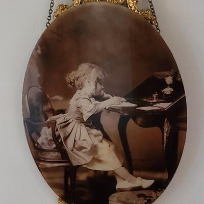 Lot 261: Antique Framed Picture of Girl at Secretary