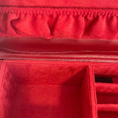 #410 - Mignon Faget Red Leather Jewelry Train Case with Lock and Key