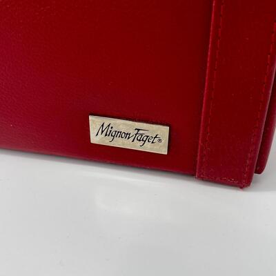 #410 - Mignon Faget Red Leather Jewelry Train Case with Lock and Key