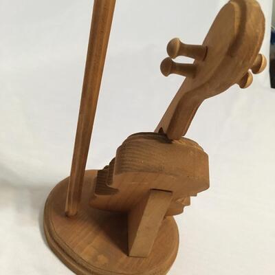 VINTAGE Wood Violin SCULPTURE STATUE with stand and bow.