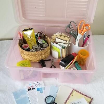 Lot 279: Office Supplies Lot in Pink Plastic Container 