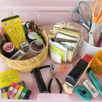 Lot 279: Office Supplies Lot in Pink Plastic Container 