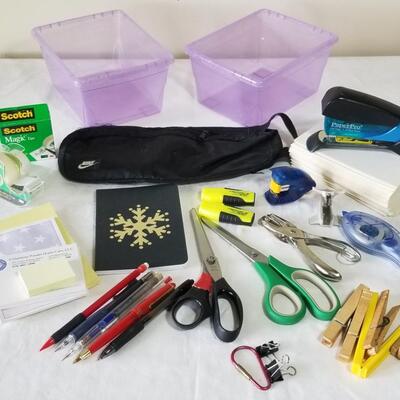 Lot 280: Office Supplies with 2 Purple Plastic Containers
