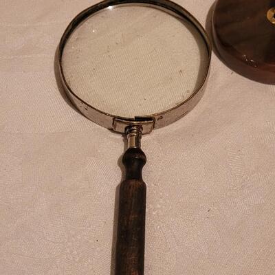 Lot 304: Vintage Wood Handle Magnifier and Marble Pen Holder