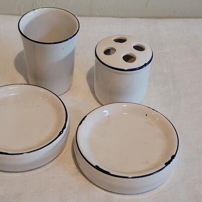 Lot 315: White with Blue Rim Bathroom Accessories Lot