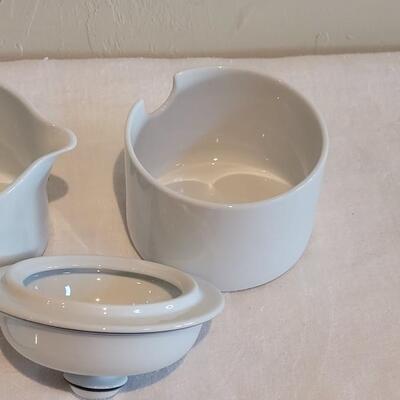 Lot 318: Dansk White with Blue Stripes Creamer & Sugar Bowl