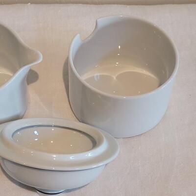 Lot 318: Dansk White with Blue Stripes Creamer & Sugar Bowl