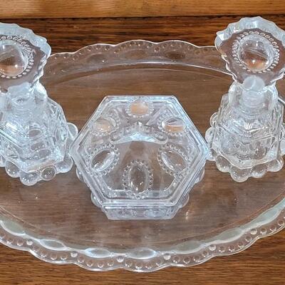 Lot 322: Antique Cut Glass (2) Vanity Perfume Bottles and Powder Covered Dish 