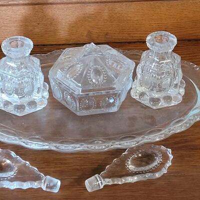 Lot 322: Antique Cut Glass (2) Vanity Perfume Bottles and Powder Covered Dish 
