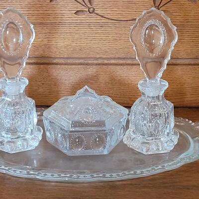 Lot 322: Antique Cut Glass (2) Vanity Perfume Bottles and Powder Covered Dish 