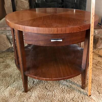 Vintage Mid Century MCM Barker Bros. Round end table, two level, one drawer, spindles on sides