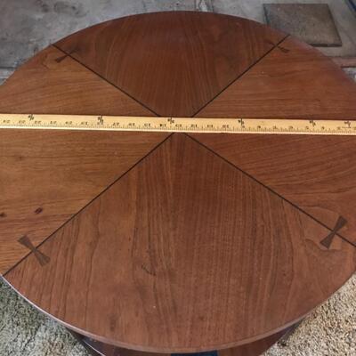 Vintage Mid Century MCM Barker Bros. Round end table, two level, one drawer, spindles on sides