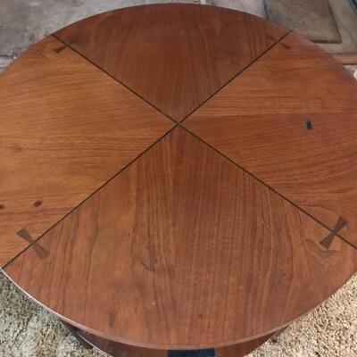 Vintage Mid Century MCM Barker Bros. Round end table, two level, one drawer, spindles on sides