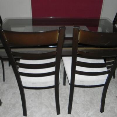 LOT 159 GLASS TABLE WITH BENCH & CHAIRS