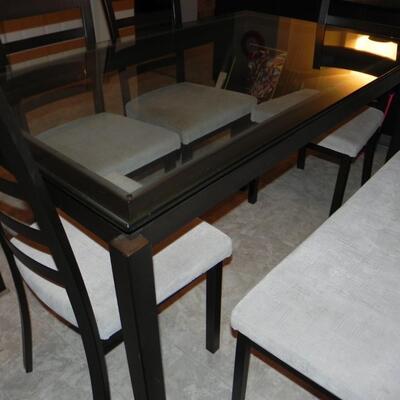 LOT 159 GLASS TABLE WITH BENCH & CHAIRS