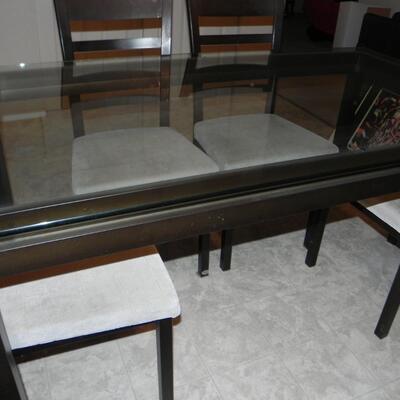 LOT 159 GLASS TABLE WITH BENCH & CHAIRS