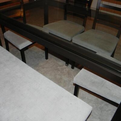 LOT 159 GLASS TABLE WITH BENCH & CHAIRS