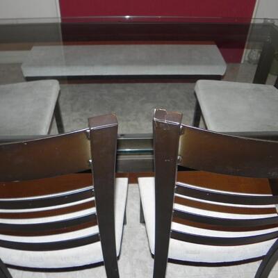 LOT 159 GLASS TABLE WITH BENCH & CHAIRS