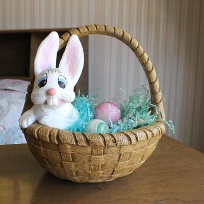 Vintage Easter Bunny in Basket Handmade Florentine Art Studio Pottery 