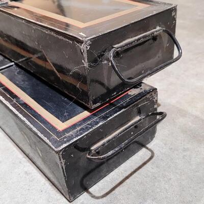 Lot 380: (2) Matching Vintage Metal Safety Deposit Boxes w/ Handles and Lids 5" x 22" x 3"