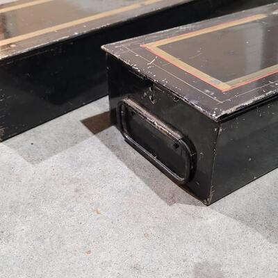 Lot 380: (2) Matching Vintage Metal Safety Deposit Boxes w/ Handles and Lids 5" x 22" x 3"