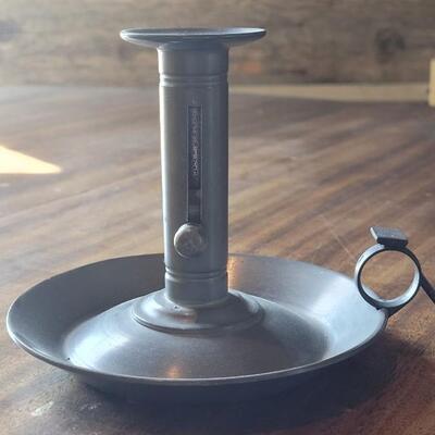 Lot 455: Ceramic Platter, Pewter Frame, Pewter Candleholder and Green Glass Cruet Bottle 