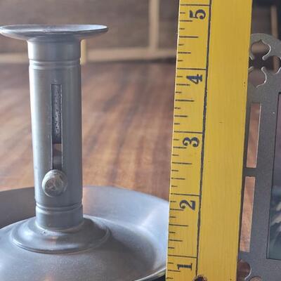 Lot 455: Ceramic Platter, Pewter Frame, Pewter Candleholder and Green Glass Cruet Bottle 