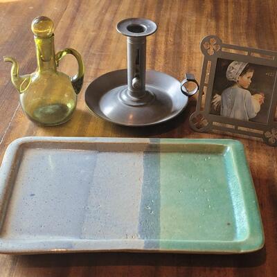 Lot 455: Ceramic Platter, Pewter Frame, Pewter Candleholder and Green Glass Cruet Bottle 