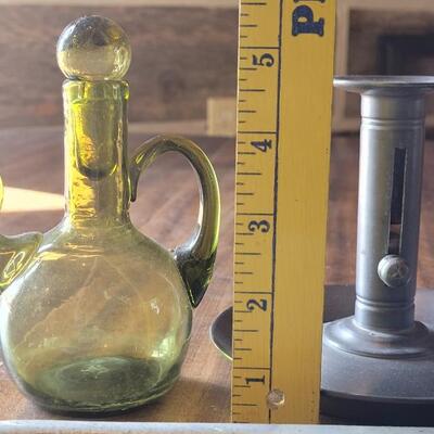 Lot 455: Ceramic Platter, Pewter Frame, Pewter Candleholder and Green Glass Cruet Bottle 