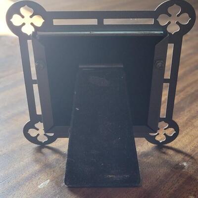 Lot 455: Ceramic Platter, Pewter Frame, Pewter Candleholder and Green Glass Cruet Bottle 