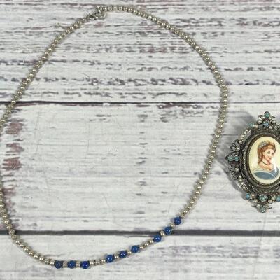 Vintage Victorian Style Pin/Pendant & Silver and Blue Beaded Necklace