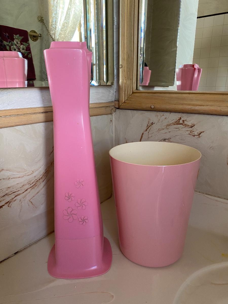 Vintage Pink Toilet Brush Holder and Trash Can