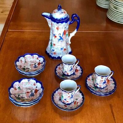 Vintage Asian Teapot With Cups, Saucers And Bowls