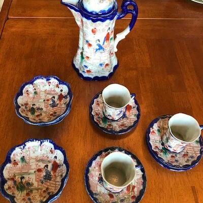 Vintage Asian Teapot With Cups, Saucers And Bowls