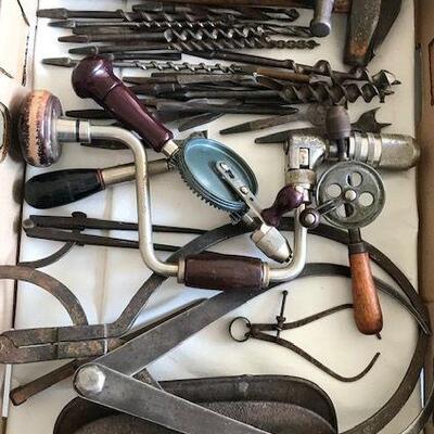 Lot Of Vintage Tools: Calipers, Clamps, Hammers, Drills, Brace Bits
