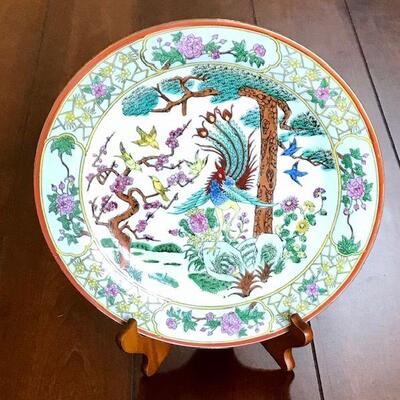 Decorative Asian Plate With Wooden Plate Stand