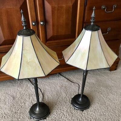 Two Table Lamps With Iridescent Stained Glass Shades