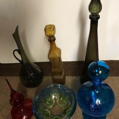 Vintage Mid Century Modern Genie Bottle Decanters And Art Glass Bowl