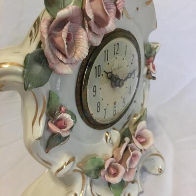 Rare Vintage Lanshire Self Starting  Table Clock  Porcelain  Roses 11 inch