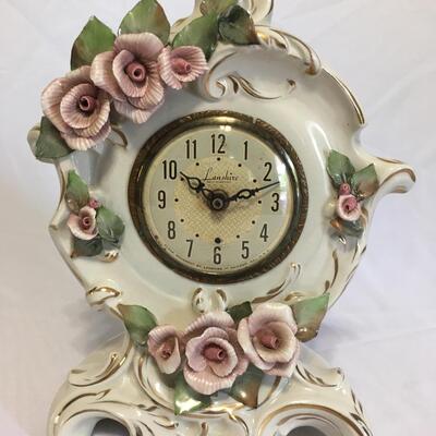 Rare Vintage Lanshire Self Starting  Table Clock  Porcelain  Roses 11 inch