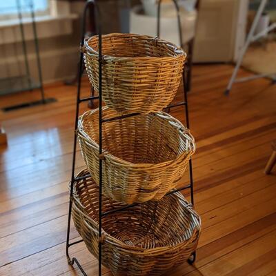 Well made Tiered Wicker Baskets, Wrought Iron Frame