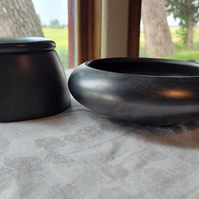 Lot 7: Umbra Ceramic Black Jar w/ Lid and Black Ceramic Vessel/Flower Bowl