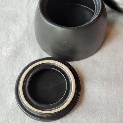 Lot 7: Umbra Ceramic Black Jar w/ Lid and Black Ceramic Vessel/Flower Bowl
