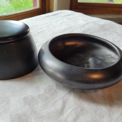 Lot 7: Umbra Ceramic Black Jar w/ Lid and Black Ceramic Vessel/Flower Bowl