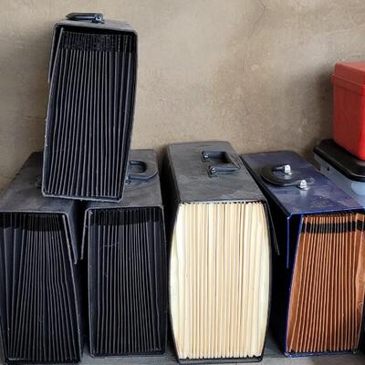 Lot 9: Accordian File Boxes, Plastic File Box, Red Organizer Box,  Magazine Holders and a Vintage Briefcase 