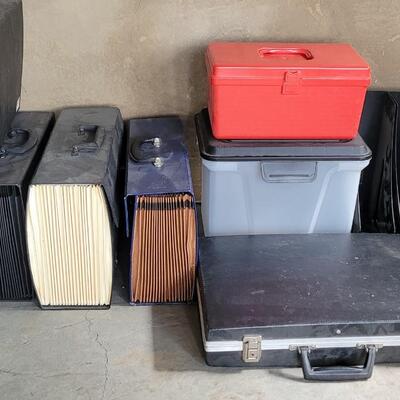 Lot 9: Accordian File Boxes, Plastic File Box, Red Organizer Box,  Magazine Holders and a Vintage Briefcase 