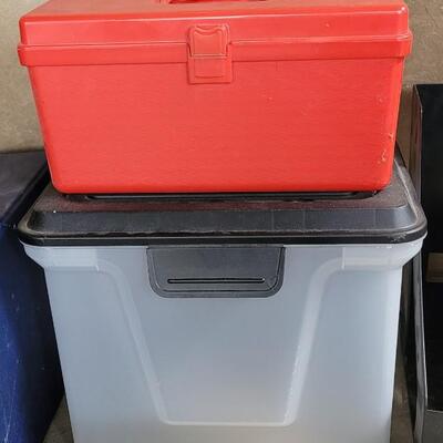 Lot 9: Accordian File Boxes, Plastic File Box, Red Organizer Box,  Magazine Holders and a Vintage Briefcase 